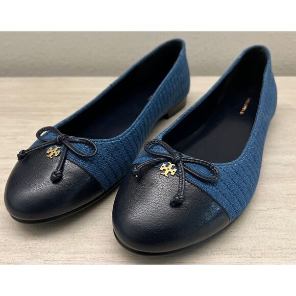 Tory Burch NIB Sz 9 Flats Cap-Toe Quilted Ballet Dark Blue Leather Denim Shoes - Picture 11 of 11